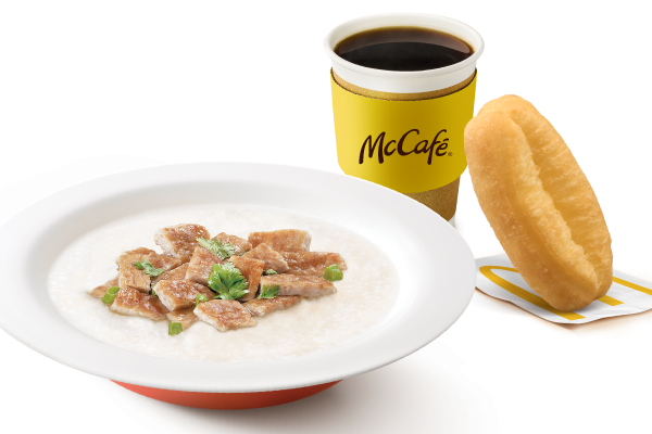 豬肉早晨套餐（Chao Tem Im Pork），餐點包含麥克豬肉粥（McPork Porridge）、麥克炸油條（McPatongko）和飲料